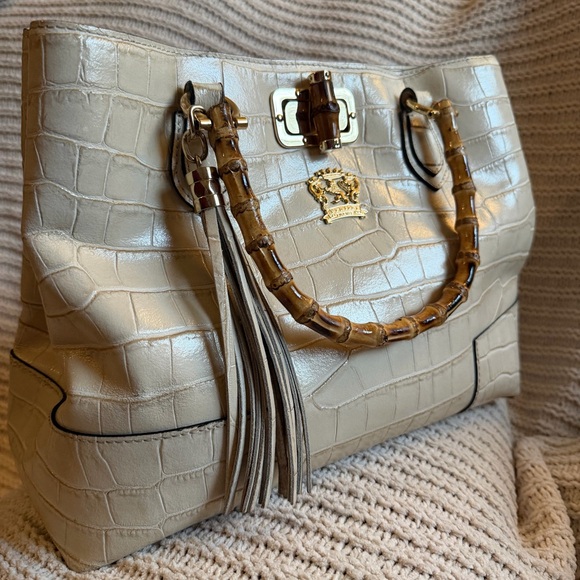 Elegant Pratesi Firenze Sarteano Bamboo Handle Cream Croc Embossed Leather - Picture 2 of 16